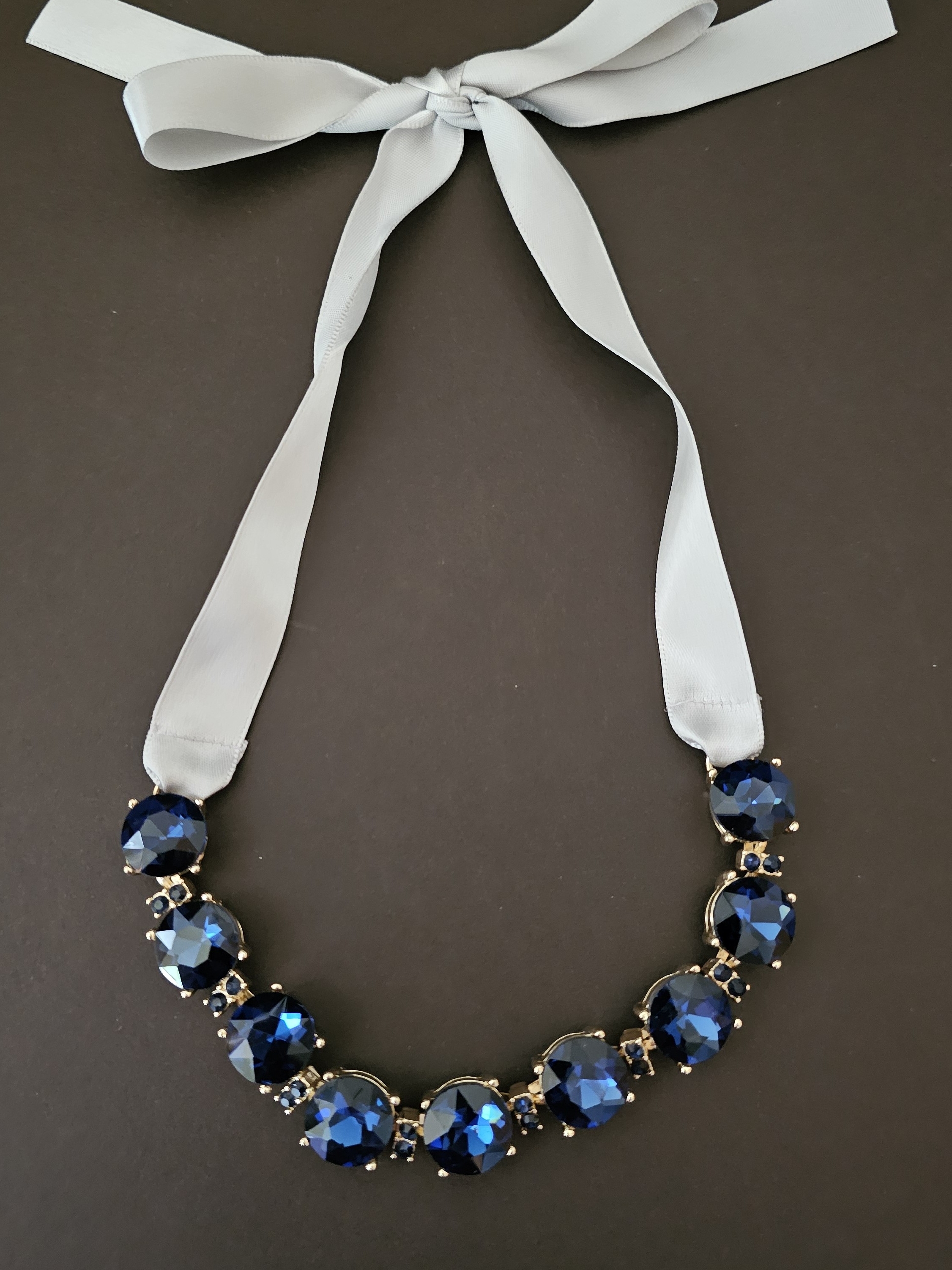 J. Crew Blue Crystal Necklace With Gray Ribbon Tie Ex Cond